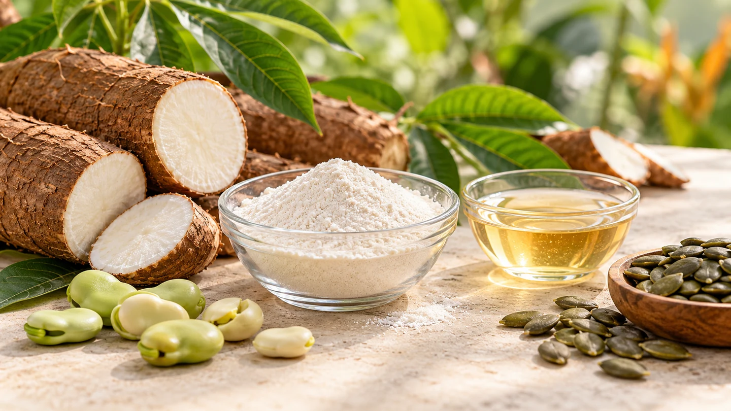 Illustrative arrangement of tapioca roots, fiber powder, syrup, fava beans and pumpkin seeds